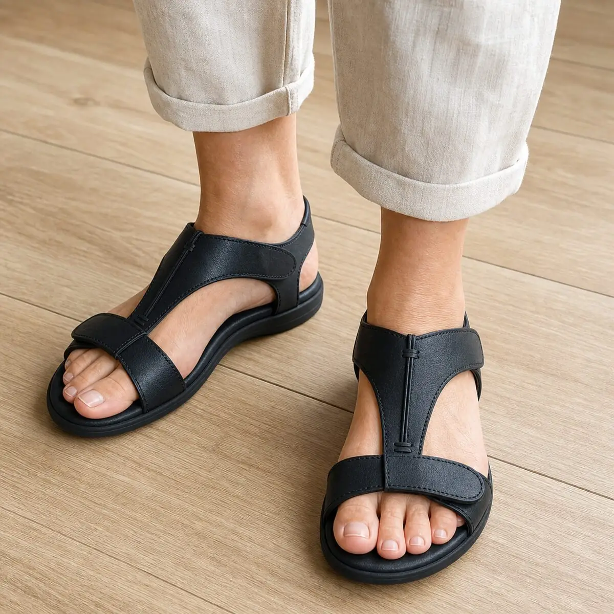 Sandales noires portées au pied sur un sol clair