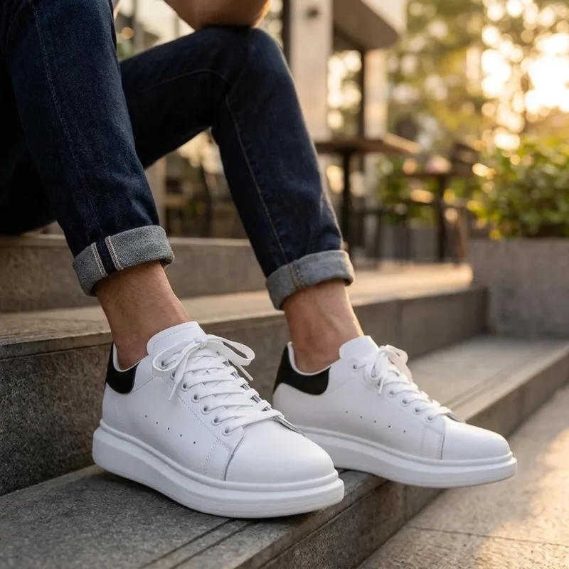 Chaussures rehaussantes homme portées sur des marches