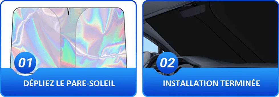 Pare-soleil déplié puis installé sur le pare-brise
