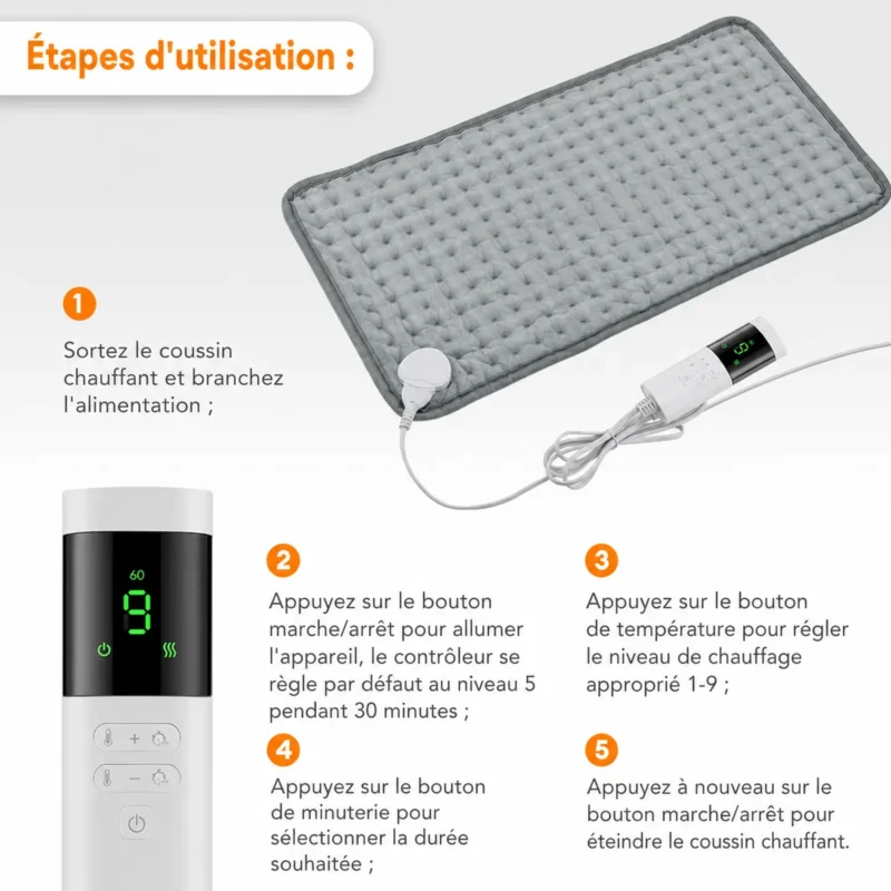Coussin chauffant électrique 60x30CM avec 9 niveaux de tempé — informations produit en français