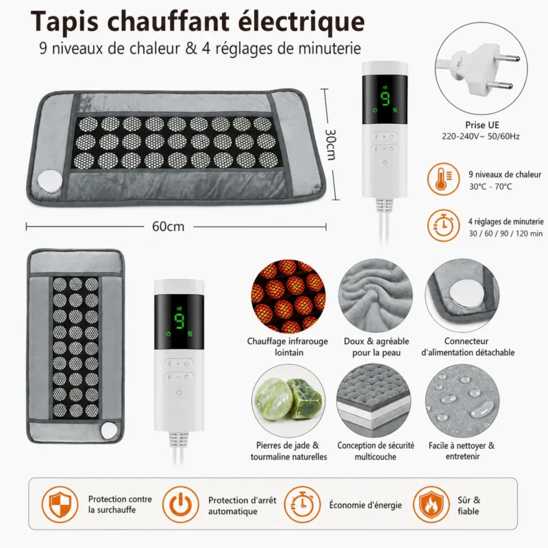 Coussin chauffant électrique 60x30CM avec 9 niveaux de tempé — informations produit en français