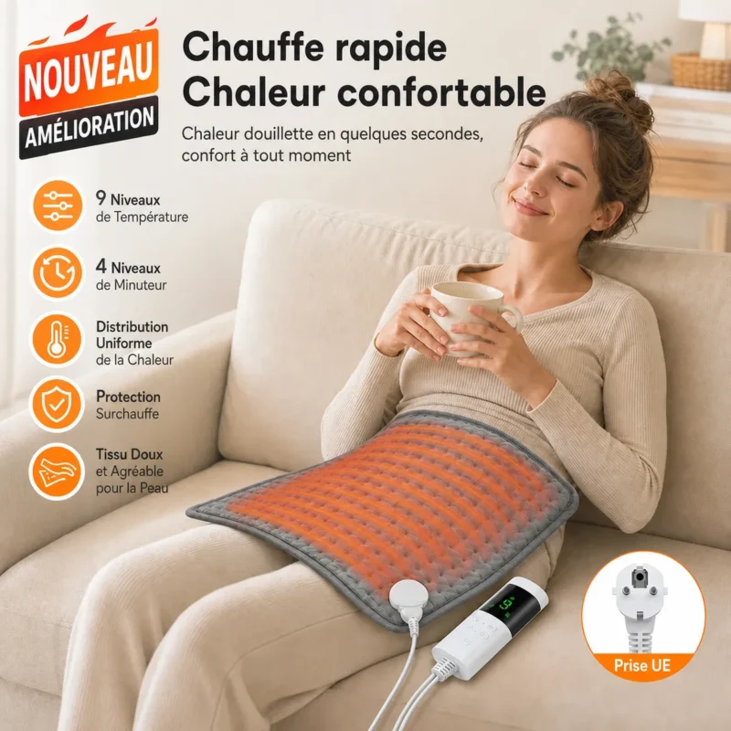 Coussin chauffant électrique 60x30CM avec 9 niveaux de tempé — informations produit en français