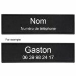Patch noir personnalisable pour harnais de chien avec le nom Gaston et un numero de telephone