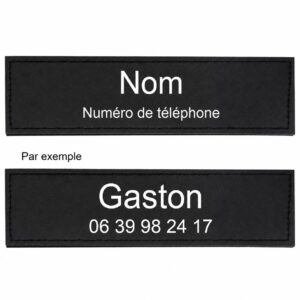 Patch noir personnalisable pour harnais de chien avec le nom Gaston et un numero de telephone