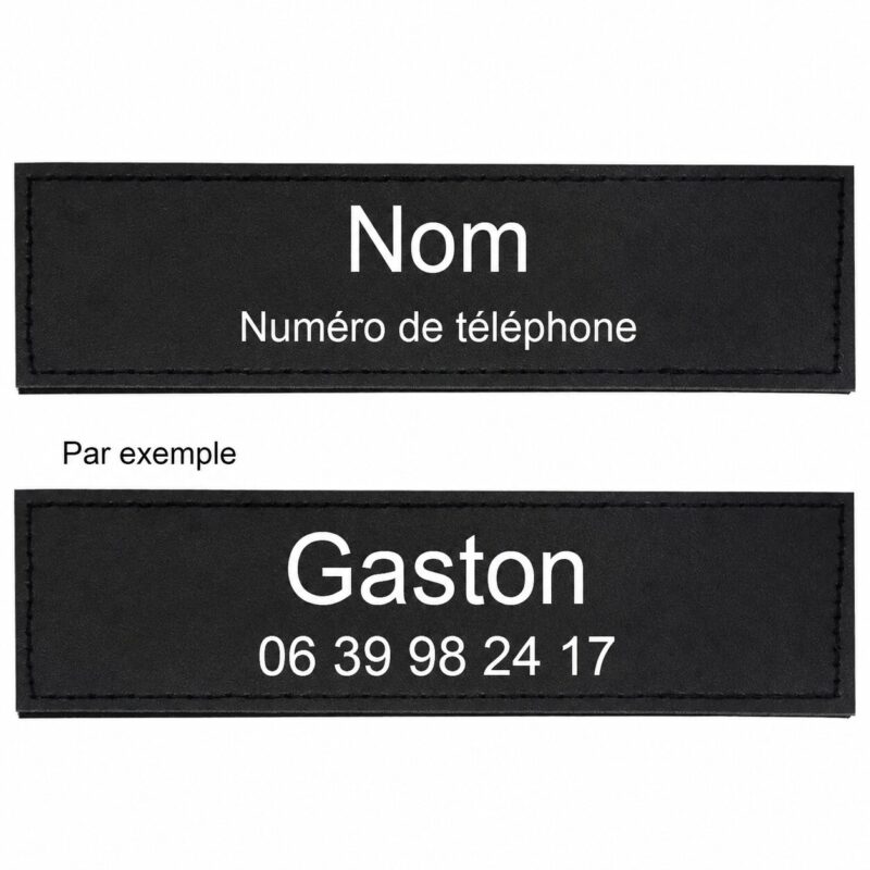 Patch noir personnalisable pour harnais de chien avec le nom Gaston et un numero de telephone
